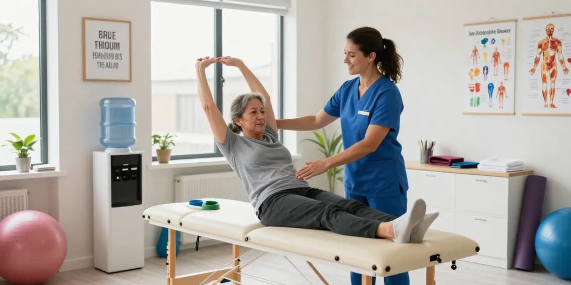 Physiotherapy close to me burlington - therapist assisting patient in a modern clinic setting with bright ambiance and medical equipment.