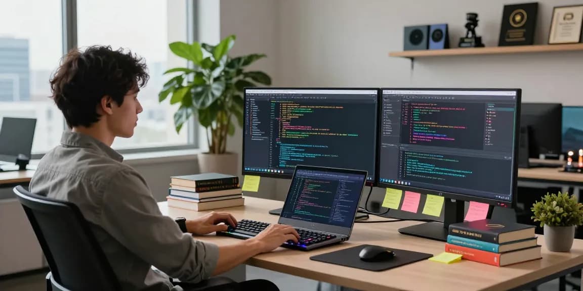 Developer working in a modern tech office featuring the WPS Official Website interface on screens.