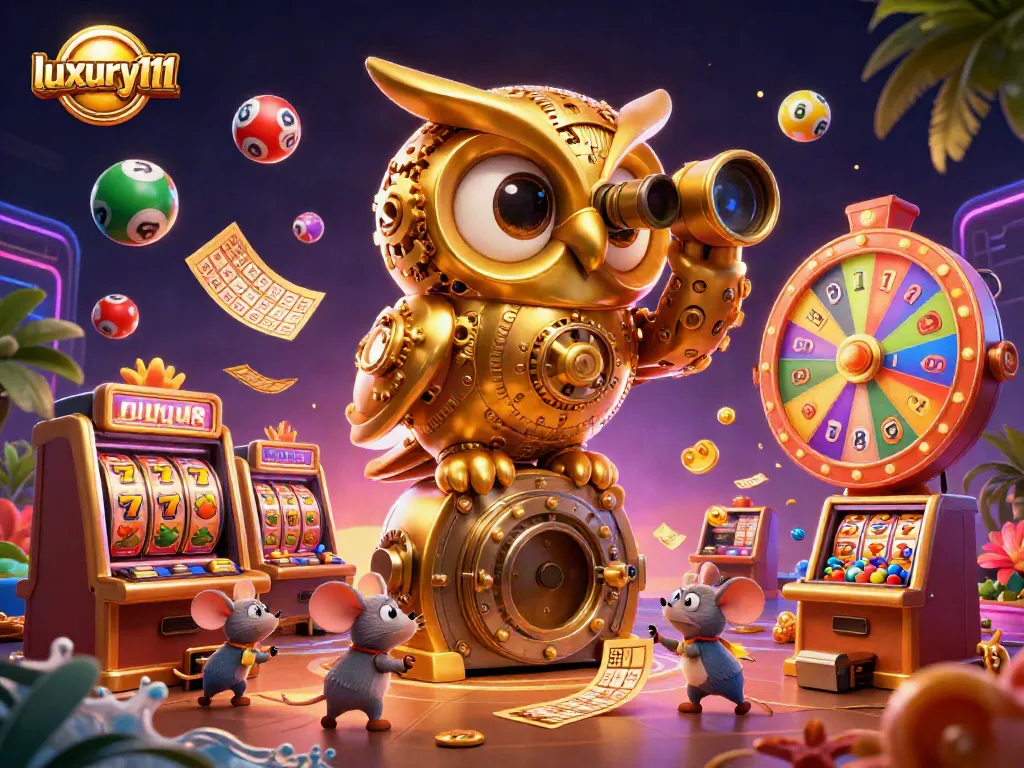 Spin the reels and win big at luxury111 with a dynamic casino illustration featuring an owl and lively game elements.