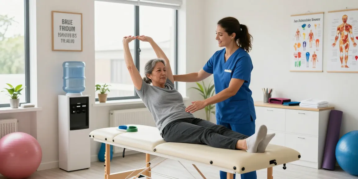 Physiotherapy close to me burlington - therapist assisting patient in a modern clinic setting with bright ambiance and medical equipment.