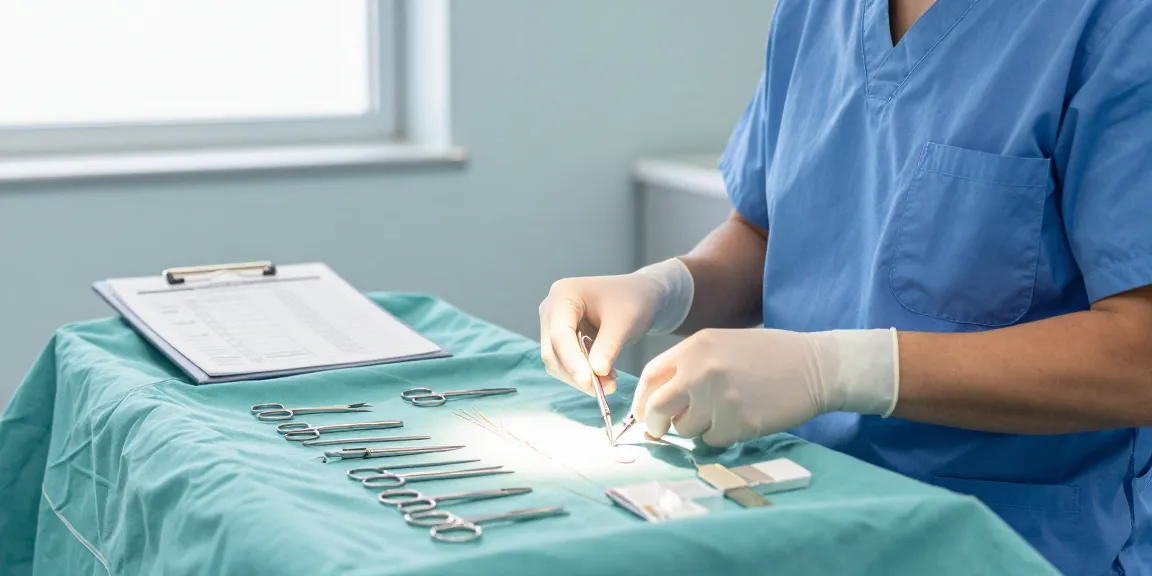 Healthcare professional organizing suture kits on a surgical table in a sterile environment.