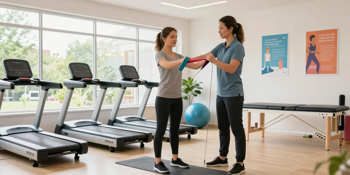 Physiotherapy close to me burlington session in a bright clinic, patient working with a therapist on rehabilitation.