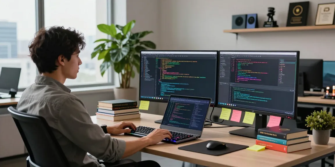 Developer working in a modern tech office featuring the WPS Official Website interface on screens.