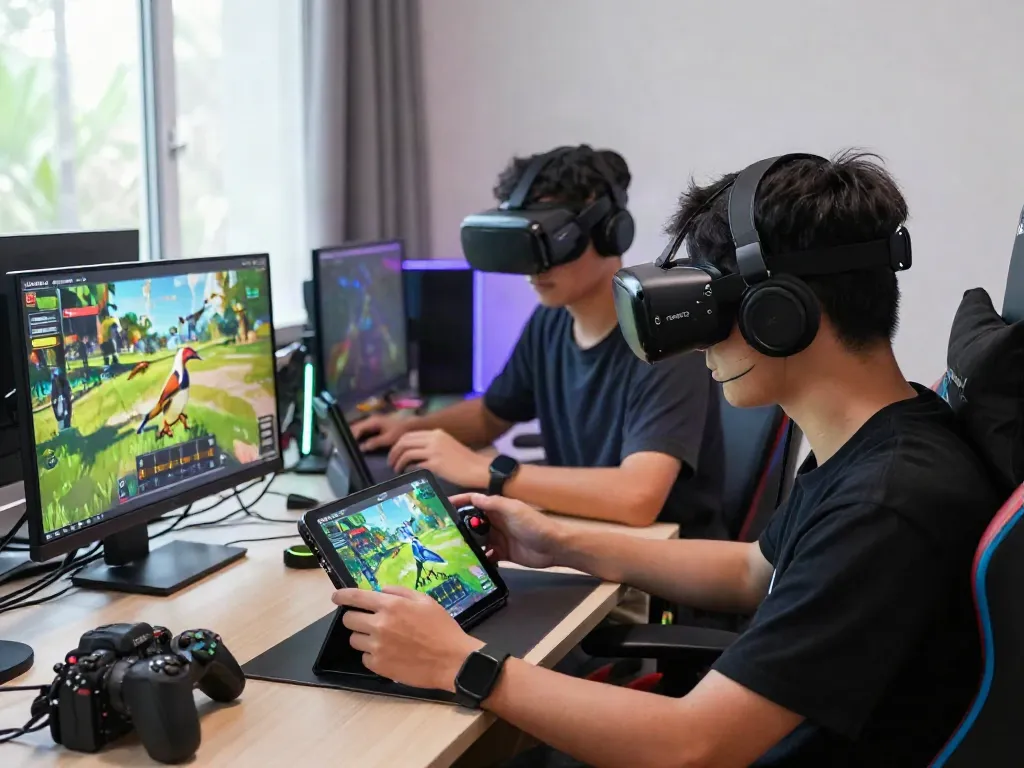 Gamers immersed in ROKOK88 virtual bird-catching challenge with high-tech devices.