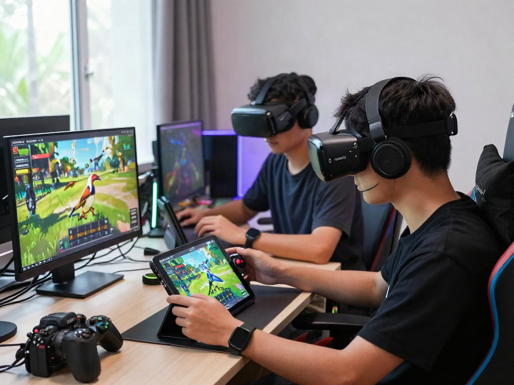 Gamers immersed in ROKOK88 virtual bird-catching challenge with high-tech devices.