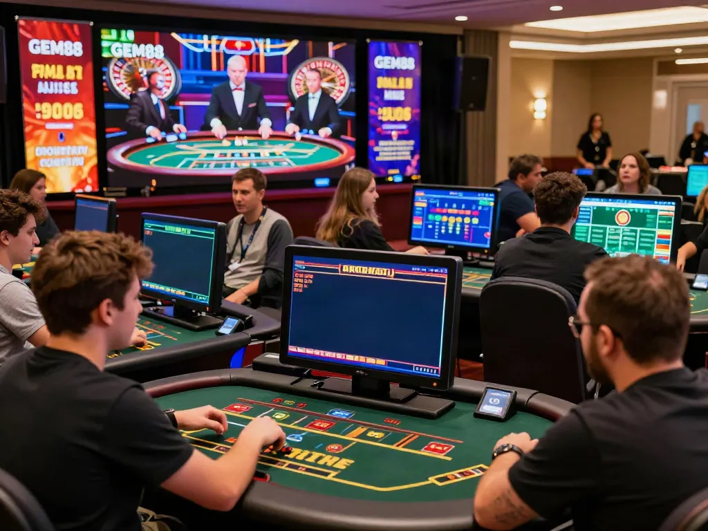 Excited players engaging with GEM88’s live casino and betting options in a vibrant online gaming atmosphere.