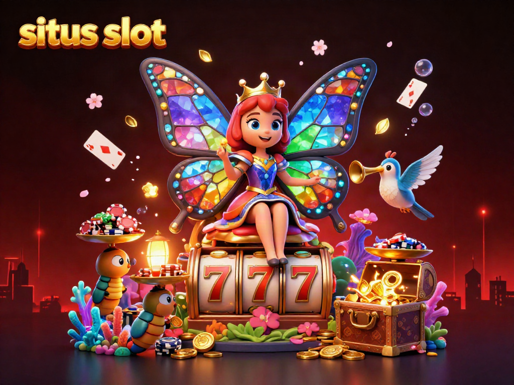 Engage in exciting gameplay at situs slot with a lively scene featuring a cartoon butterfly queen, vibrant game elements, and golden chips.