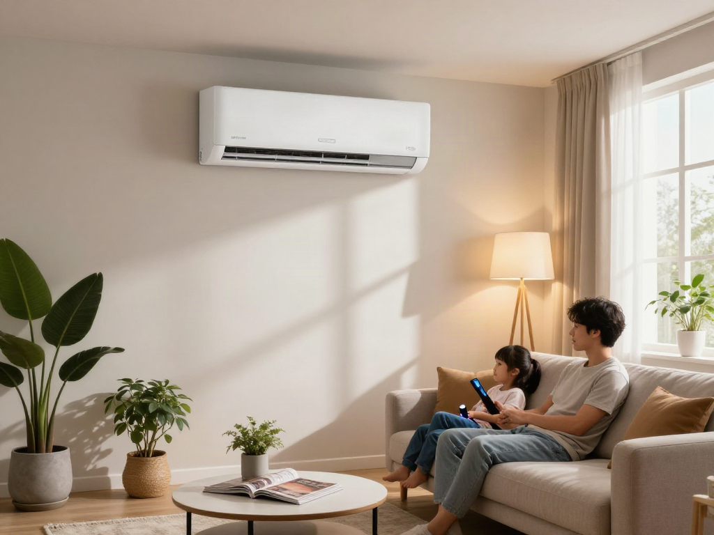 A family enjoying comfort with a split ac unit in a modern living room, highlighting cozy decor and ambient lighting.