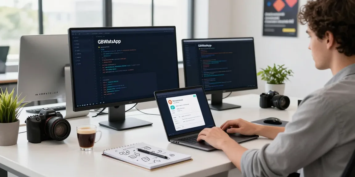 Workspace scene at https://gbapps.net/gbwhatsapp-apk-dl/ showcasing mobile app development with GBWhatsApp interface.