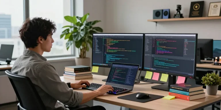 Developer working in a modern tech office featuring the WPS Official Website interface on screens.