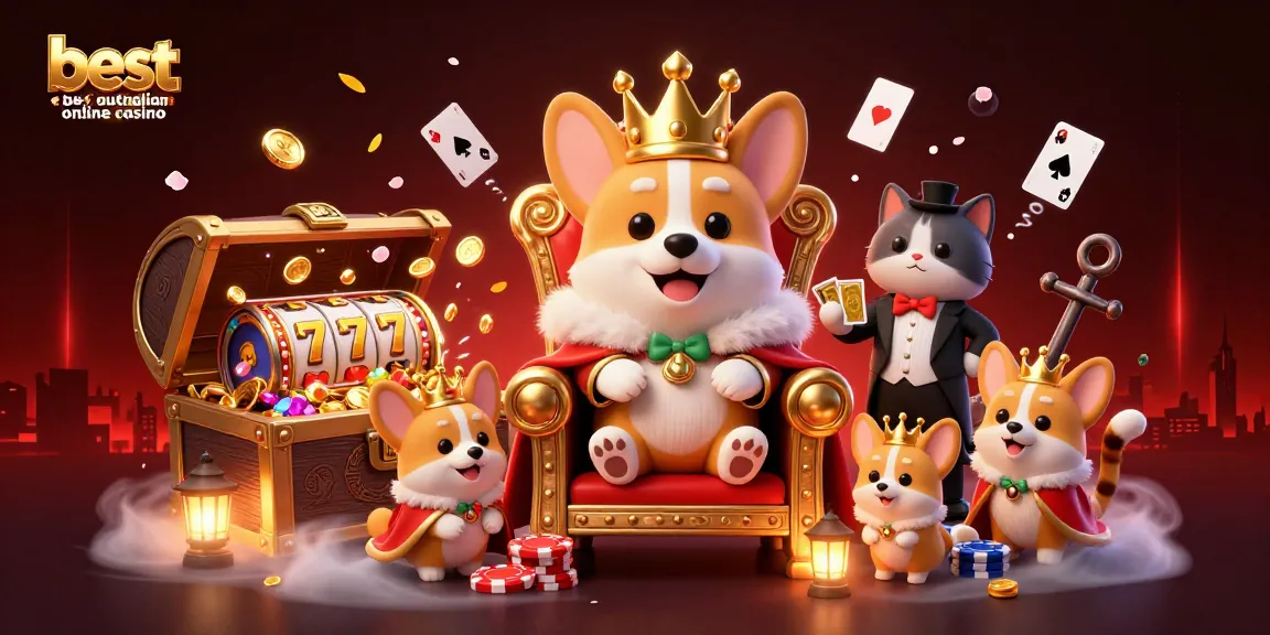 Engage with the best Australian online casino featuring a royal corgi on a poker chip throne and vibrant game elements.