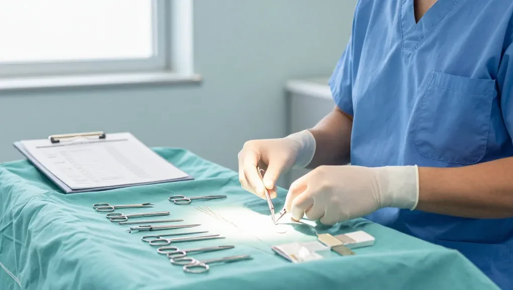 Healthcare professional organizing suture kits on a surgical table in a sterile environment.