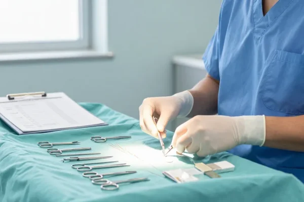 Healthcare professional organizing suture kits on a surgical table in a sterile environment.